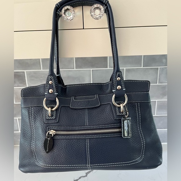 Coach Carryall Penelope Large Blue Pebbled Leather Shoulder Bag  Silvertone - Picture 1 of 16